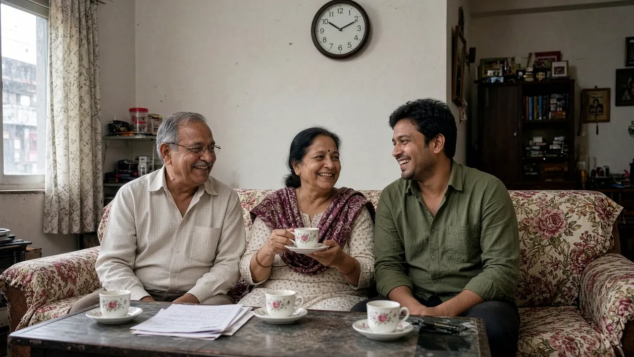 Lifestyle photograph of a smiling family over tea in a modest Delhi living room. Visual for Perfect Saathi — not a real customer meeting.