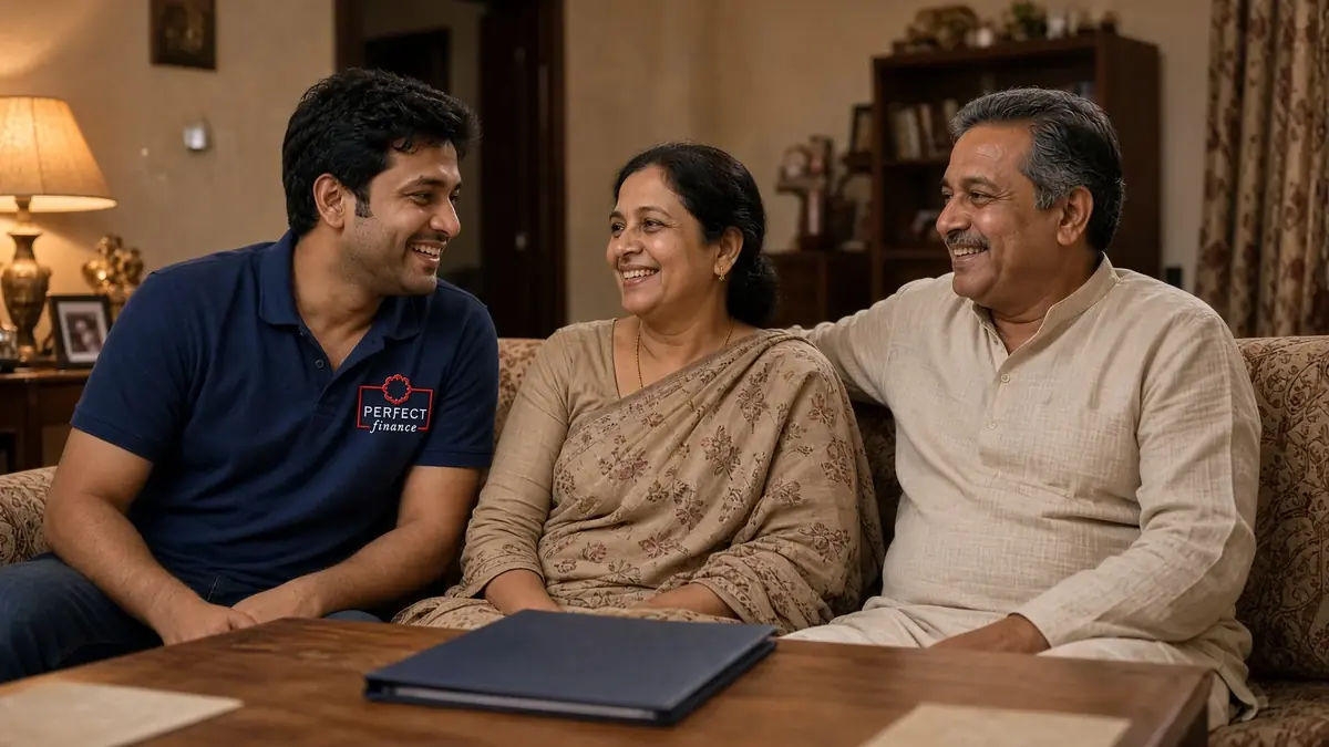 Illustration of a Perfect Saathi sitting with a family at home about a loan.