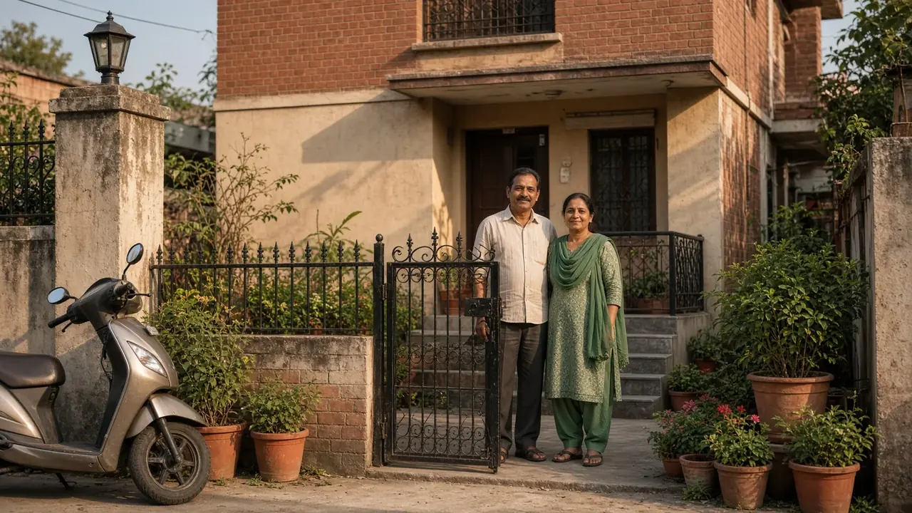 Illustration of a couple standing outside a modest independent house in a Delhi neighbourhood.